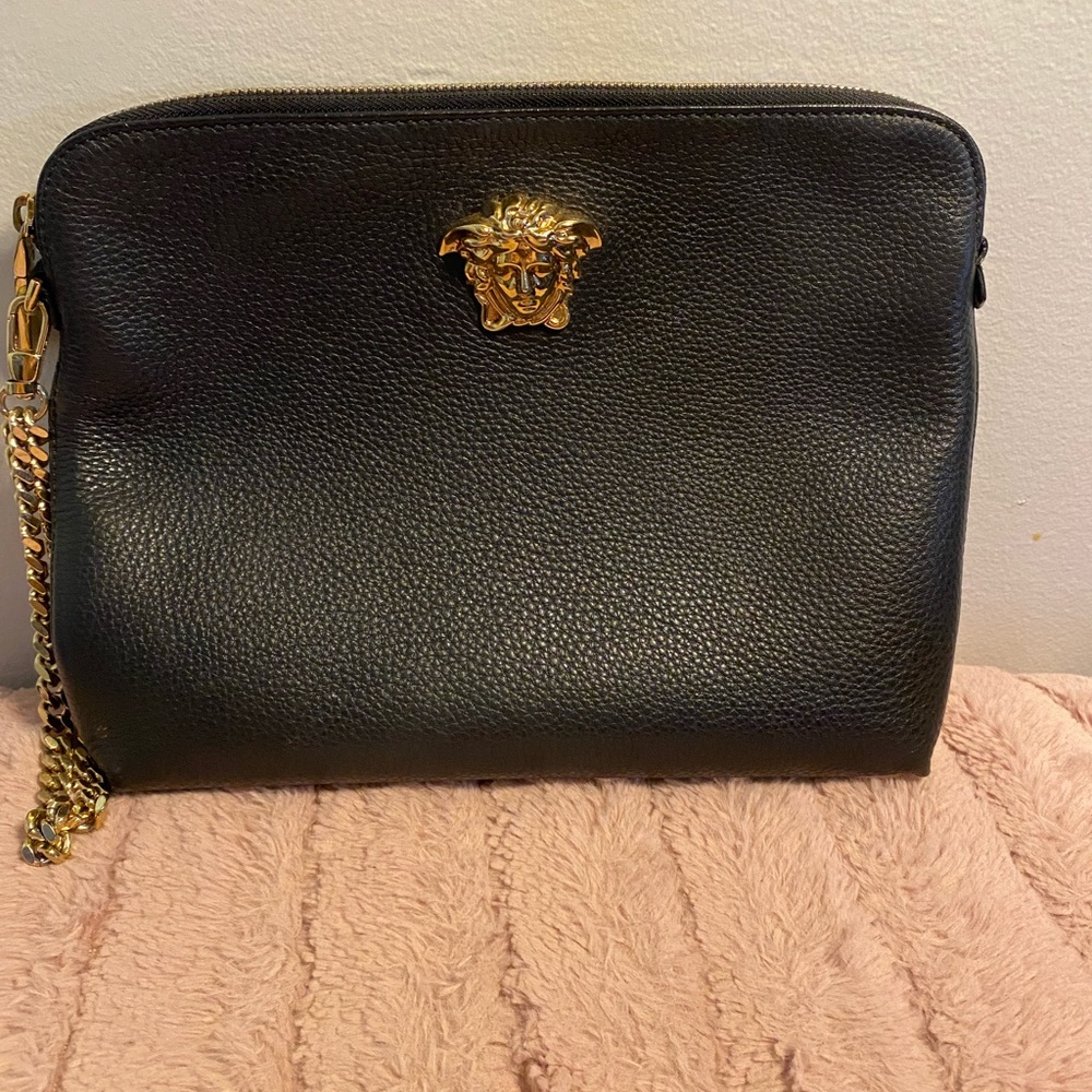 Versace zippered pouch with large gold Medusa head and gold chain